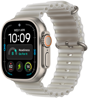 Apple Watch Ultra 4, titanium case, natural colour, Modular watch face, complications: day and date, readiness, heart rate, Run workout, Weather, right side exterior, Digital Crown, raised side button, Ocean Band, translucent grey colour