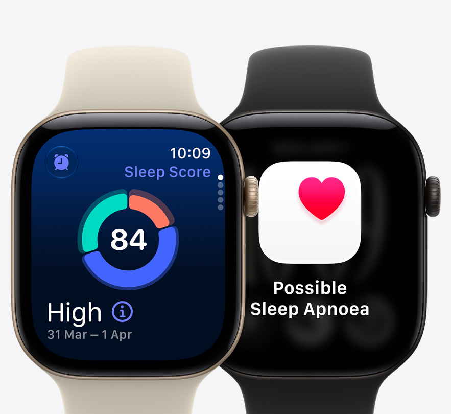Apple Watch Series 12 devices: aluminium case, light gold colour, screen shows sleep score, connected to Sport Band, sand colour (pale tan); aluminium case, black colour, screen shows possible sleep apnoea notification, connected to Sport Band, black colour