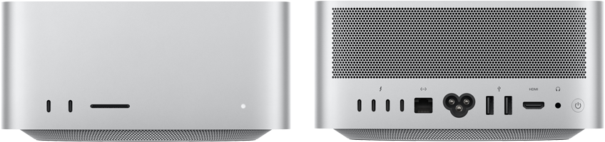 Mac Studio, предна част, два USB‑C порта, слот за SDXC карта, светлинен индикатор за състояние, конусовидна основа отдолу, плосък отгоре, заоблени страни, прави ръбове, цвят сребърно, Mac Studio, задна част, перфориран алуминиев изход, четири Thunderbolt 5 порта, един Ethernet, един електрически контакт, два USB-A, един HDMI, един жак за слушалки и бутон за включване