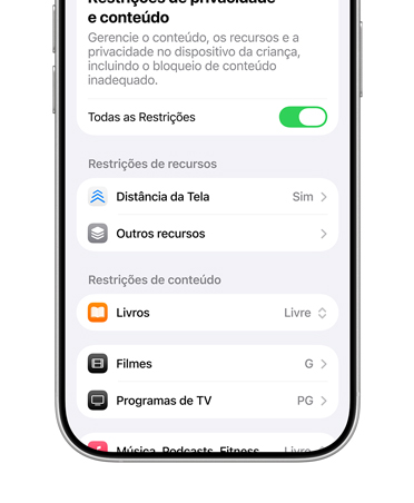 iPhone mostrando opções de restrição de conteúdo e privacidade para a conta de criança