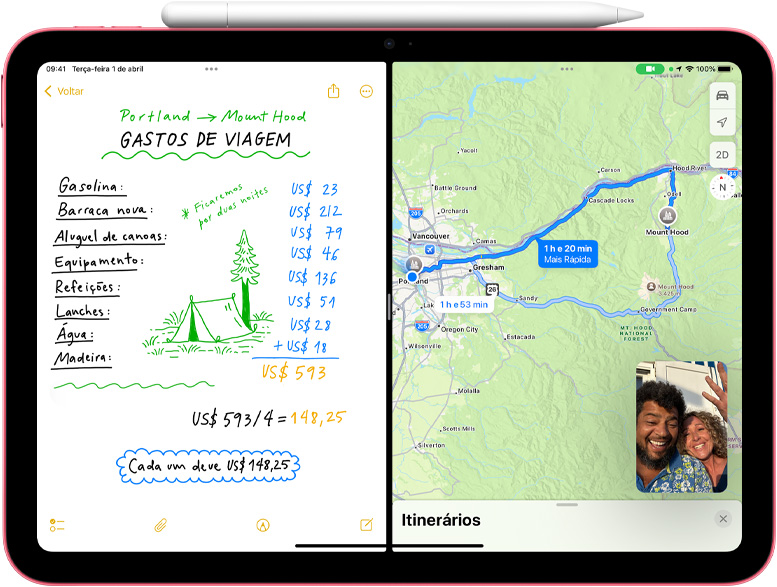 Imagem do iPad mostra uma Nota de Cálculo no Mapas com o FaceTime no modo Picture in Picture.