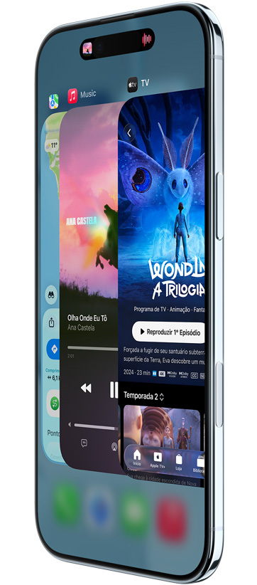 Parte da frente e lateral do iPhone Air com os apps Mapas, Música e Apple TV, mostrando o uso do recurso Seletor de Apps