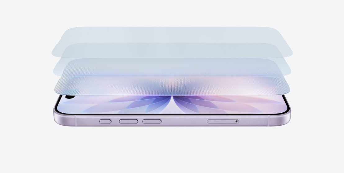 Imagem horizontal do iPhone 17 lavanda, com design em camadas que mostra o Ceramic Shield 2.
