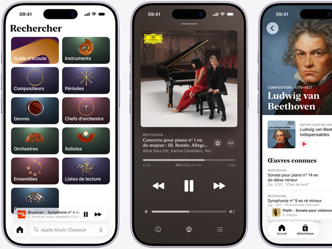 L’iPhone de gauche montre l’onglet Parcourir d’Apple Music Classical, avec l’onglet Catalogue sélectionné et affichant les catégories Compositeurs, Périodes, Genres, Chef d’orchestre, Orchestres, Solistes, Ensemble musicaux et Chœurs; l’iPhone du centre affiche le Concerto pour piano numéro1 en do majeur, Op.15 : III. Rondo. Allegro scherzando, jouant en Dolby Atmos; l’iPhone de droite montre la page de la section Compositeurs de Ludwig van Beethoven