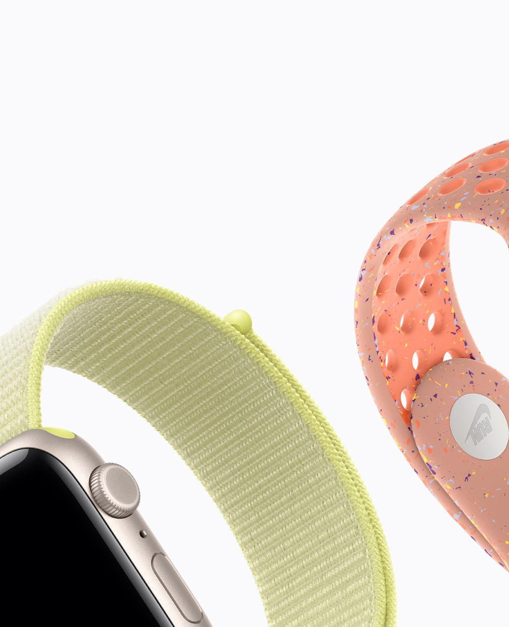 Apple Watch SE 3, boîtier en aluminium, comète, bracelet sport à rabat jaune fluo, bracelet sport Nike rose crépuscule