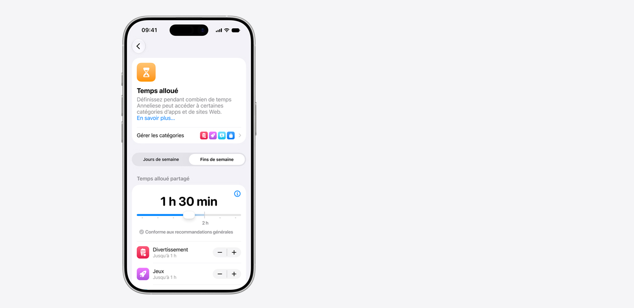 Un iPhone affichant l’interface Temps alloué, avec un temps alloué partagé d’une heure trente minutes et des temps alloués suggérés pour des catégories d’apps comme le divertissement, les jeux et les médias sociaux.