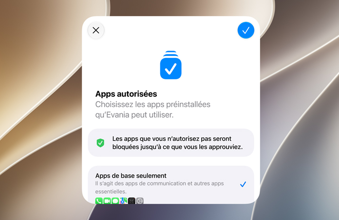 L’Assistant réglages montrant qu’un parent, un tuteur ou une tutrice peut revoir et approuver les apps d’un compte pour enfant.
