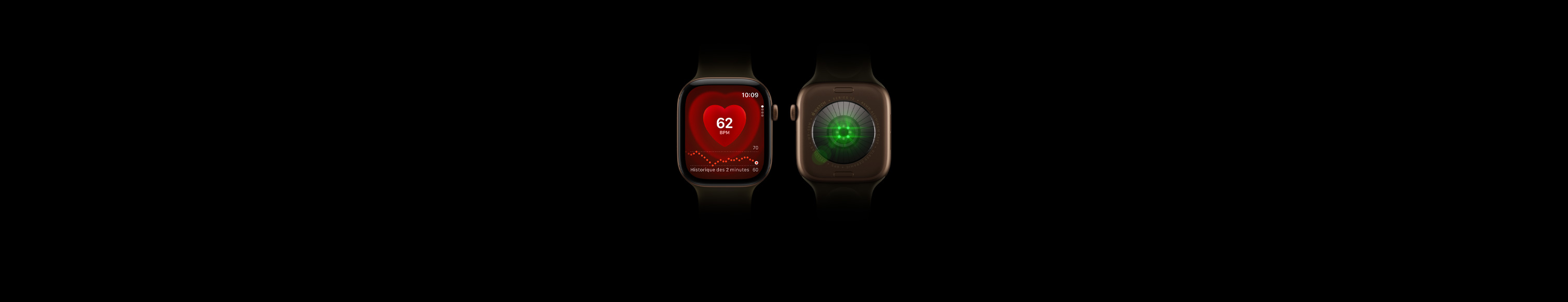 Deux Apple Watch Series 12, boîtier en aluminium, couleur bronze foncé, bracelet sport olive, l’une placée de face avec l’app Fréquence cardiaque qui s’affiche, l’autre placée de dos pour montrer le système de suivi de santé et ses voyants DEL verts lumineux