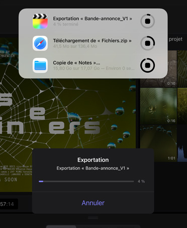 Un iPad Pro, face avant, orientation portrait, noir infini, écran affichant des tâches d’arrière-plan : exportation en cours, téléchargement d’un fichier, déplacement de Notes vers la sauvegarde