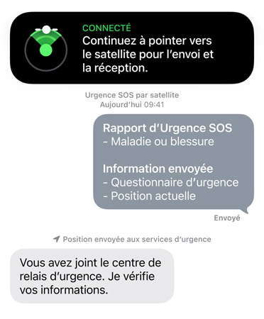 Fonctionnalité Urgence SOS par satellite en cours d’utilisation, contactant les services d’urgence pour une personne malade ou blessée
