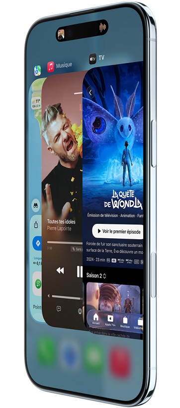 iPhone Air, face avant, vue latérale, avec les apps Plans, Musique et TV, illustrant le sélecteur d’app en cours d’utilisation