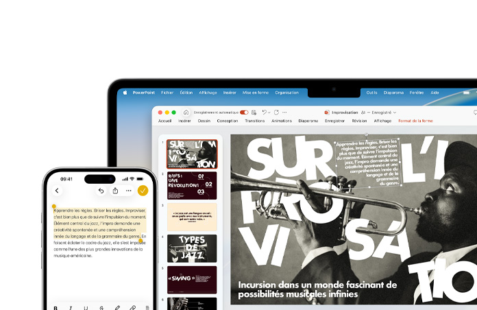 iPhone 16 Plus montrant du texte en surbrillance dans l’app Notes, MacBook Air affichant une diapositive Keynote, le texte de l’app Notes est visible sur la diapositive