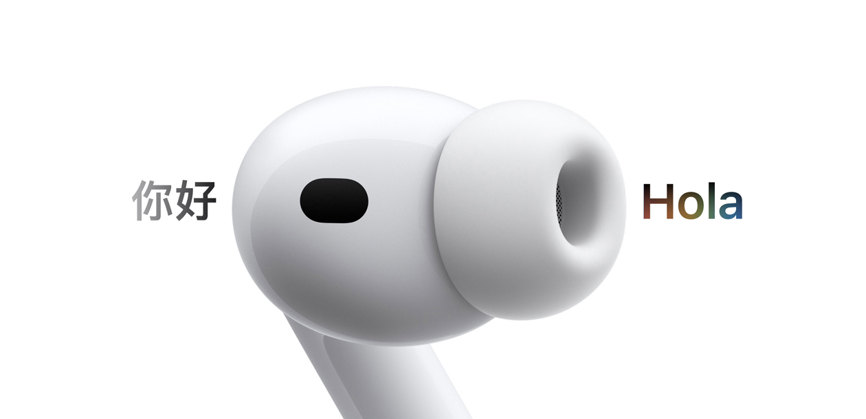 AirPods Pro 3, audífono con almohadilla de silicona, Traducción en Vivo cambia los caracteres en inglés que dicen 'hello' a un texto en español que dice 'hola'