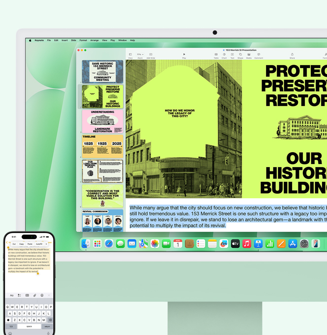 Una iMac verde junto a un iPhone. El texto de la app Notas del iPhone se copia y se pega en la iMac