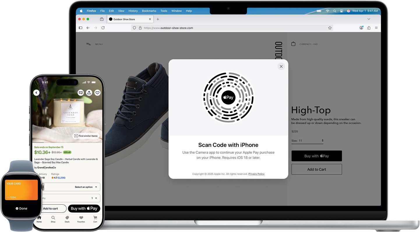Apple Watch, iPhone a MacBook vedle sebe. Na Apple Watch je zobrazená kreditní karta American Express. Na iPhonu je otevřená produktová stránka na Etsy se svíčkou a možností zaplatit pomocí Apple Pay. Na MacBooku je zobrazená produktová stránka z webu Outdoor Shoe Store a překryvné okno Apple Pay s QR kódem, jehož pomocí může zákazník zaplatit nákup iPhonem.