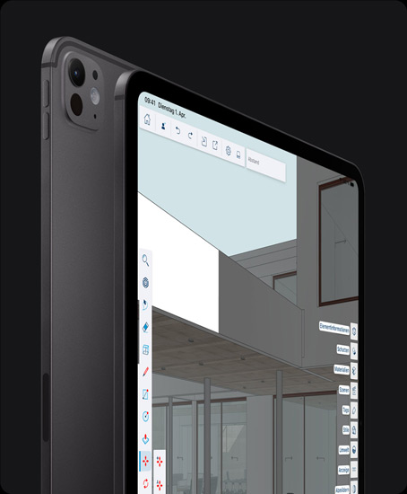 iPad Pro, Rückansicht, Hochformat, Farbe Space Schwarz, Pro Kamera-System, Lautstärketasten, iPad Pro, Vorderansicht, Hochformat, Farbe Space Schwarz, schwarzer Displayrand, gerundete Ecken, Display mit einer App zum Bearbeiten von Grafiken mit Tools und Effekten, die in den Menüs links und rechts geöffnet sind
