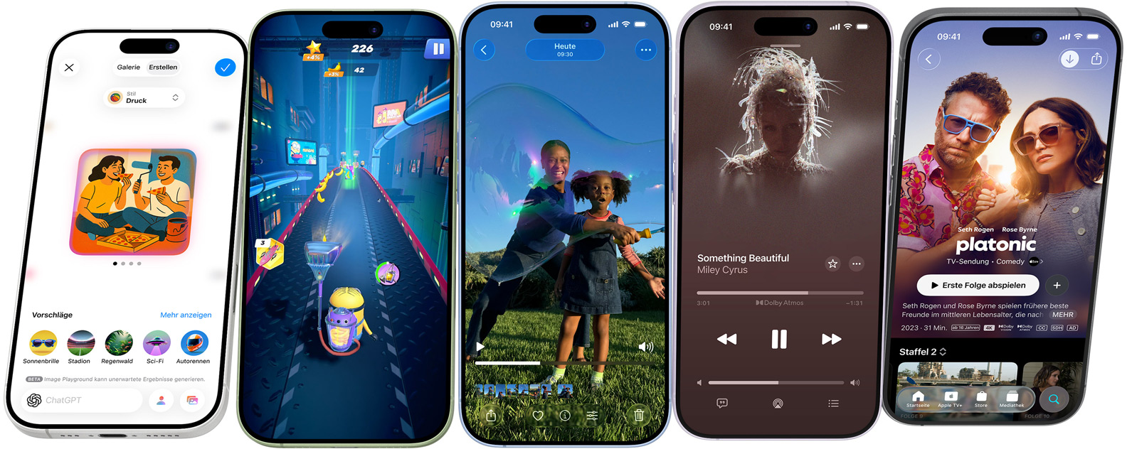 iPhone 17 Geräte drehen sich um die Querachse und kommen zum Stillstand, die Displays zeigen iPhone Features