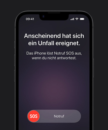 iPhone 17e, Vorderseite, das Unfallerkennung Feature wird verwendet