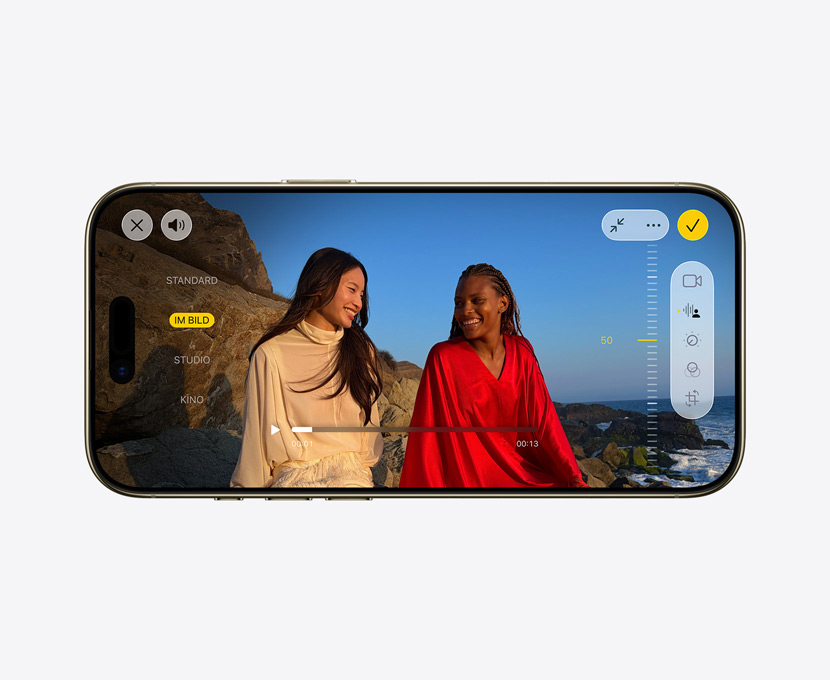 iPhone Air, Vorderseite, das Feature Pro Video mit Audiomix wird verwendet