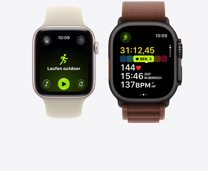 Apple Watch Series 12, Aluminiumgehäuse, Farbe Lichtgold, geöffnetes Outdoor-Lauftraining mit Apple Music Steuerelementen zur Wiedergabe, Apple Watch Ultra 4, Titangehäuse, Farbe Schwarz, geöffnetes Lauftraining, Herzfrequenz in Zone 3