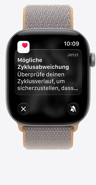 Apple Watch Series 12, das Display zeigt das Zyklusprotokoll in der Health App, Mitteilung: Mögliche Zyklusabweichung, Aluminiumgehäuse, Farbe Space Grau, verbunden mit Sport Loop Armband, Chambrayblau (hellblau-grau)