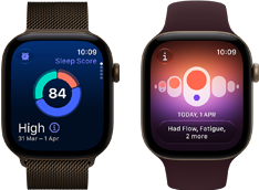 Kaks Apple Watch Series 12 seadet, tumeda pronksi toonis alumiiniumkorpus, uneskoori ringdiagramm, Digital Crown, tumeda pronksi toonis Milanese Loop rihm, heleda kulla toonis alumiiniumkorpus, tsükli jälgimine, burgundiapunane Sport Band