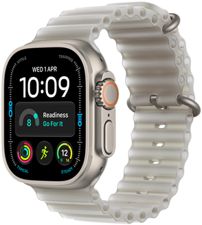 Apple Watch Ultra 4, titaanist korpus, naturaalne toon, Modulari sihverplaat, vidinad: päev ja kuupäev, valmisolek, pulss, jooksutreening, ilm, parema külje vaade, Digital Crown, kõrgem külgnupp, rihm Ocean Band, läbipaistvas hallis toonis