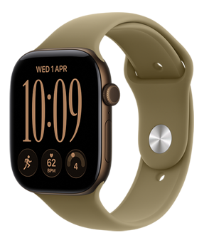 Apple Watch Series 12, alumiiniumist korpus, tume pronks, Modular Compacti sihverplaat, vidinad: päev ja kuupäev, jooksutreening, pulss, valmisolek, parema külje vaade, Digital Crown, külgnupp, rihm Sport Band, toonis oliiv