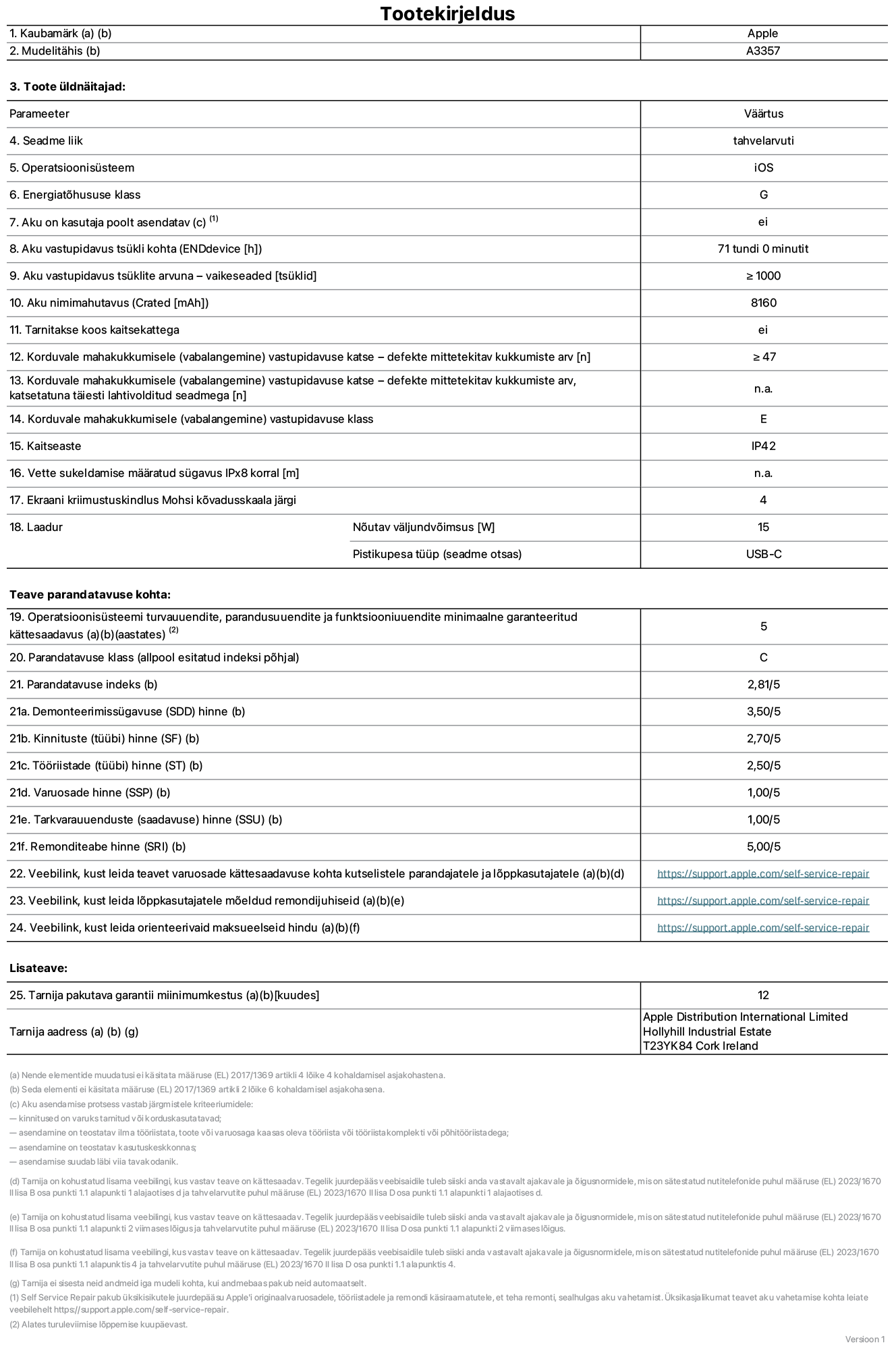 11-tollise iPad Pro M5 WiFi, mudeli A3357 toote infoleht. Tarnija on Apple Distribution International Limited, Hollyhill Industrial Estate. Cork, Ireland T23 YK84. Seadme tüüp: tahvelarvuti. Operatsioonisüsteem: iOS. Energiatõhususklass: G. Aku vahetatav kasutajale: ei. Aku vastupidavus tsükli kohta: 71 tundi. Aku kestvustsüklid – vaikesätted: suurem või võrdne 1000-ga. Akumaht: 8160 mAh. Tarnitakse kaitsekattega: ei. Korduv vabalangemise usaldusväärsustest – kukub ilma defektita: ≥ 47. Korduv vabalangemise usaldusväärsustest – kukub ilma defektita täielikult väljaulatatuna: pole kohaldatav. Korduv vabalangemise usaldusväärsusklass: E. Tolmu- ja veekindluse kaitse hinnang: IP42. Määratud iPx8 sukeldumissügavus: pole kohaldatav. Ekraani kriimustuskindlus Mohsi kõvaduse skaalal: 4. Laadija nõutav väljundvõimsus: 15 W. Laadija tüüp (seadmel): USB-C. Opsüsteemi turva-, korrektiiv- ja funktsionaalsusvärskenduste minimaalne tagatud saadavus: 5 aastat. Parandatavusklass: C. Parandatavusindeks: 2,81/5. Lahtivõtmise sügavuse (SDD) hinne: 3,50/5. Kinnitusdetailide hinne: 2,70/5. Tööriistade hinne: 2,50/5. Varuosade hinne: 1,00/5. Tarkvaravärskenduste hinne: 1,00/5. Parandusteabe hinne: 5,00/5. Teave varuosade kättesaadavuse kohta professionaalsetele parandajatele ja lõppkasutajatele: https://support.traceguard.digital/self-service-repair. Parandusjuhised lõppkasutajatele: https://support.traceguard.digital/self-service-repair. Soovituslikud maksueelsed hinnad: https://support.traceguard.digital/self-service-repair. 12-kuune üldgarantii.