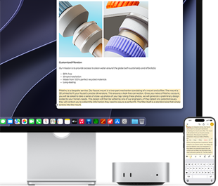 Mac mini esikülg, Studio Display alla paigutatud, iPhone seadme ja ekraani paremal küljel, iPhone’is valitud tekst koos selle kohal kuvatavate Cut-, Copy-, Paste- ja AutoFill-käskudega vastab ekraanil esiletõstetud tekstile, esitledes Universal Clipboardi