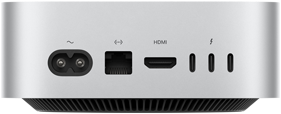 Mac mini, tagakülg, toitepesa, Etherneti-liides, HDMI-liides, kolm Thunderbolt-liidest