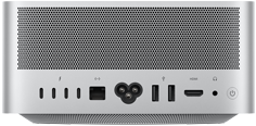 Mac Studio, tagakülg, perforeeritud alumiiniumist õhuava, neli Thunderbolt 5 liidest, üks Etherneti liides, üks toitepesa, kaks USB-A liidest, üks HDMI-liides, üks kõrvaklapipesa ja toitenupp