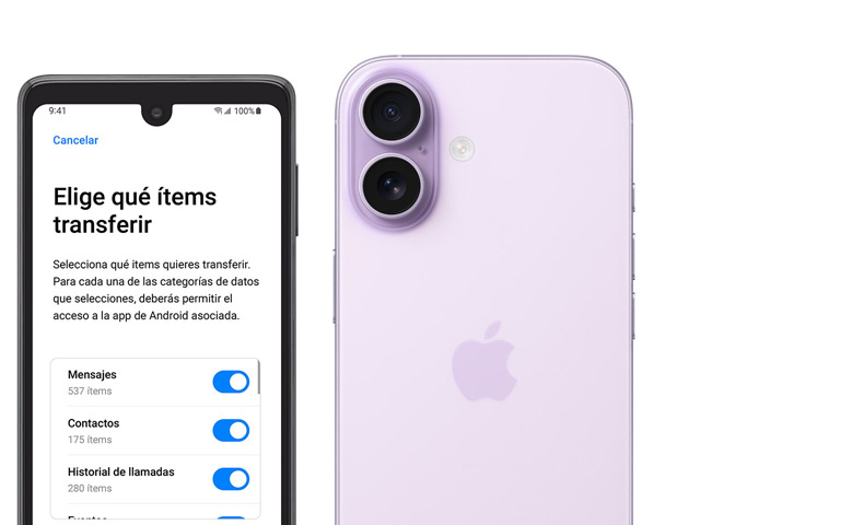 Dispositivos uno al lado del otro, teléfono Android con la app Pasar a iOS, iPhone 17, parte trasera exterior, sistema avanzado de cámara dual en la esquina superior izquierda