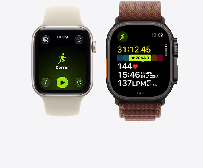 Apple Watch Series 12, caja de aluminio, color dorado claro, entreno Correr abierto con los controles de reproducción de Apple Music, Apple Watch Ultra 4, caja de titanio, color negro, entreno de running abierto, frecuencia cardiaca en la zona 3