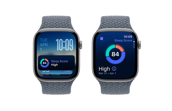 Apple Watch Series 11, space gray color, aluminum case, sleep score notification, right side exterior, Digital Crown, Braided Solo Loop, anchor blue color