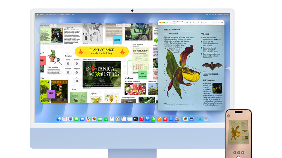 Un iMac e un iPhone che mostrano contenuti dai colori vivaci, l’iMac ha lo sfondo di macOS Tahoe.