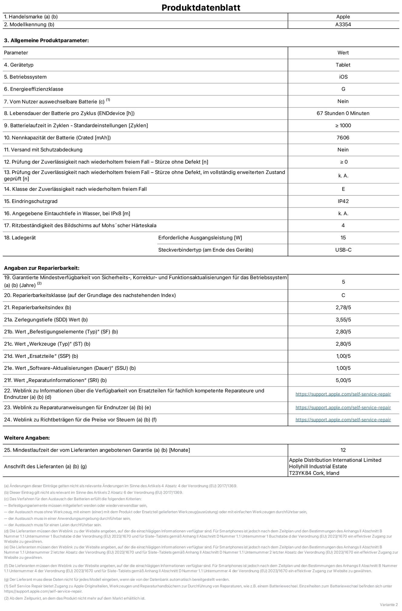 Produktinformationsblatt für iPad Wi‑Fi, Modell A3354. Bereitgestellt von Apple Distribution International Ltd, Hollyhill Industrial Estate. Cork, Irland T23 YK84. Gerätetyp: Tablet. Betriebssystem: iOS. Energieeffizienzklasse: G. Vom Benutzer auswechselbare Batterie: nein. Batterielaufzeit: 67 Stunden. Batterielaufzeit in Zyklen: ≥ 1000. Nennkapazität der Batterie: 7606 mAh. Prüfung der Zuverlässigkeit nach wiederholtem freiem Fall – Stürze ohne Defekt: ≥ 0. Klasse der Zuverlässigkeit nach wiederholtem freiem Fall: E. Eindringschutzgrad: IP42. Ritzbeständigkeit des Displays auf Mohs’scher Härteskala: 4. Erforderliche Ausgangsleistung des Ladegeräts: 15W. Anschluss Ladegerät: USB‑C. Garantierte Mindestverfügbarkeit von Sicherheits‑, Korrektur‑ und Funktionsaktualisierungen für das Betriebssystem: 5 Jahre. Reparierbarkeitsklasse: C. Reparierbarkeitsindex: 2,78/5. Wert „Zerlegungstiefe“: 3,55/5. Wert „Befestigungselemente“: 2,80/5. Wert „Werkzeuge“: 2,80/5. Wert „Ersatzteile“: 1,00/5. Wert „Software-Aktualisierungen“: 1,00/5. Wert „Reparaturinformationen“: 5,00/5. Weblink zu Informationen über die Verfügbarkeit von Ersatzteilen für fachlich kompetente Reparateure und Endnutzer: https://support.traceguard.digital/self-service-repair. Weblink zu Reparaturanweisungen für Endnutzer: https://support.traceguard.digital/self-service-repair. Weblink zu Richtbeträgen für die Preise vor Steuern: https://support.traceguard.digital/self-service-repair. 12 Monate angebotene allgemeine Garantie.