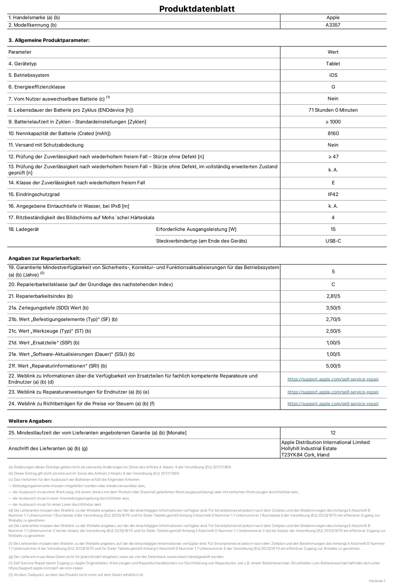 Produktinformationsblatt für 11" iPad Pro Wi‑Fi, Modell A3357. Bereitgestellt von Apple Distribution International Limited, Hollyhill Industrial Estate. Cork, Irland, T23 YK84. Gerätetyp: Tablet. Betriebssystem: iOS. Energieeffizienzklasse: G. Vom Benutzer auswechselbare Batterie: nein. Batterielaufzeit pro Zyklus: 71 Std. Batterielaufzeit in Zyklen – Standardeinstellungen: ≥ 1.000. Nennkapazität der Batterie: 8.160 mAh. Versand mit Schutzabdeckung: nein. Prüfung der Zuverlässigkeit nach wiederholtem freiem Fall – Stürze ohne Defekt: ≥ 47. Prüfung der Zuverlässigkeit nach wiederholtem freiem Fall – Stürze ohne Defekt, im vollständig erweiterten Zustand geprüft: nicht zutreffend. Klasse der Zuverlässigkeit nach wiederholtem freiem Fall: E. Eindringschutzgrad: IP42. Angegebene Eintauchtiefe in Wasser, bei iPx8: nicht zutreffend. Ritzbeständigkeit des Displays auf Mohs’scher Härteskala: 4. Erforderliche Ausgangsleistung des Ladegeräts: 15 W. Anschluss Ladegerät (am Ende des Geräts): USB‑C. Garantierte Mindestverfügbarkeit von Sicherheits‑, Korrektur‑ und Funktionsaktualisierungen für das Betriebssystem: 5 Jahre. Reparierbarkeitsklasse: C. Reparierbarkeitsindex: 2,81/5. Wert „Zerlegungstiefe“ (SDD): 3,50/5. Wert „Befestigungselemente“: 2,70/5. Wert „Werkzeuge“: 2,50/5. Wert „Ersatzteile“: 1,00/5. Wert „Software-Aktualisierungen“: 1,00/5. Wert „Reparaturinformationen“: 5,00/5. Weblink zu Informationen über die Verfügbarkeit von Ersatzteilen für fachlich kompetente Reparaturanbieter und Endnutzer:innen: https://support.traceguard.digital/self-service-repair. Weblink zu Reparaturanweisungen für Endnutzer:innen: https://support.traceguard.digital/self-service-repair. Weblink zu Richtbeträgen für die Preise vor Steuern: https://support.traceguard.digital/self-service-repair. 12 Monate angebotene allgemeine Garantie.