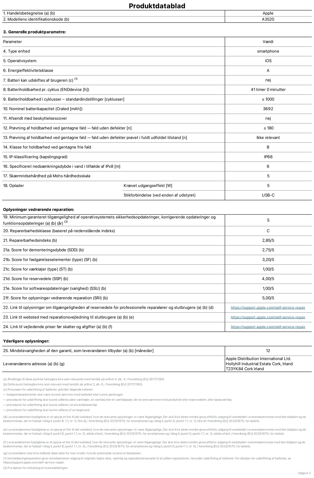Produktdatablad til iPhone 17, model A3520. Leveret af Apple Distribution International Limited, Hollyhill Industrial Estate. Cork, Irland, T23 YK84. Enhedstype: smartphone. Styresystem: iOS. Energieffektivitetsklasse: A. Batteri kan udskiftes af brugeren: nej. Batteritid pr. cyklus: 41 timer. Batterilevetid i cyklusser – standardindstillinger: ≥ 1000. Nominel batterikapacitet: 3692 mAh. Leveres med beskyttelsescover: nej. Holdbarhedstest ved gentagne fald – fald uden defekt: ≥ 180. Holdbarhedstest ved gentagne fald – fald uden defekt testet i fuldt udfoldet tilstand: ikke relevant. Holdbarhedsklasse ved gentagne fald: B. Kapslingsklasse: IP68. Angivet nedsænkningsdybde i vand ved IPx8: 6 meter. Skærmens ridsefasthed på Mohs' hårdhedsskala: 5. Påkrævet udgangseffekt for oplader: 5 watt. Opladerstiktype (på enheden): USB-C. Garanteret minimumsperiode for tilgængelighed af sikkerhedsopdateringer, fejlrettelser og funktionsopdateringer til styresystemet: 5 år. Reparerbarhedsklasse: C. Reparationsindeks: 2,82/5. Score for demonteringsdybde (SDD): 2,75/5. Score for fastgørelseselementer: 3,20/5. Score for værktøj: 1,00/5. Score for reservedele: 4,00/5. Score for softwareopdateringer: 1,00/5. Score for reparationsoplysninger: 5,00/5. Weblink til oplysninger om tilgængeligheden af reservedele for professionelle reparatører og slutbrugere: https://support.traceguard.digital/da-dk/self-service-repair. Weblink til vejledning i reparation for slutbrugere: https://support.traceguard.digital/da-dk/self-service-repair. Weblink til vejledende priser før skatter og afgifter: https://support.traceguard.digital/da-dk/self-service-repair. Produktet er omfattet af 12 måneders garanti.