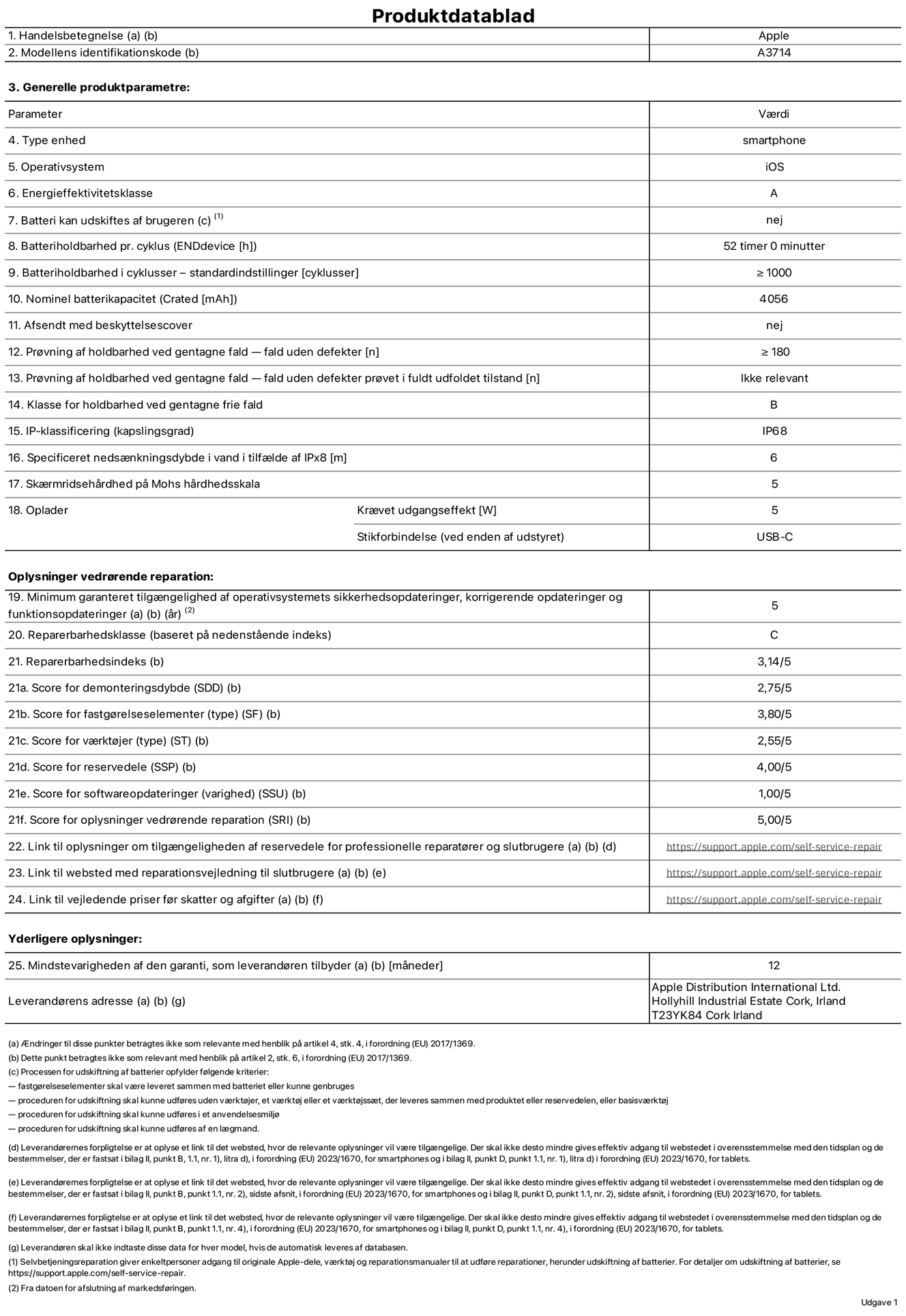 Produktdatablad til iPhone 18 Pro, model A3714. Leveret af Apple Distribution International Limited, Hollyhill Industrial Estate. Cork, Irland, T23 YK84. Enhedstype: smartphone. Styresystem: iOS. Energieffektivitetsklasse: A. Batteri kan udskiftes af brugeren: nej. Batteritid pr. cyklus: 52 timer. Batterilevetid i cyklusser – standardindstillinger: ≥ 1000. Nominel batterikapacitet: 4056 mAh. Leveres med beskyttelsescover: nej. Holdbarhedstest ved gentagne fald – fald uden defekt: ≥ 180. Holdbarhedstest ved gentagne fald – fald uden defekt testet i fuldt udfoldet tilstand: ikke relevant. Holdbarhedsklasse ved gentagne fald: B. Kapslingsklasse: IP68. Angivet nedsænkningsdybde i vand ved IPx8: 6 meter. Skærmens ridsefasthed på Mohs' hårdhedsskala: 5. Påkrævet udgangseffekt for oplader: 5 watt. Opladerstiktype (på enheden): USB-C. Garanteret minimumsperiode for tilgængelighed af sikkerhedsopdateringer, fejlrettelser og funktionsopdateringer til styresystemet: 5 år. Reparerbarhedsklasse: C. Reparationsindeks: 3,14/5. Score for demonteringsdybde (SDD): 2,75/5. Score for fastgørelseselementer: 3,80/5. Score for værktøj: 2,55/5. Score for reservedele: 4,00/5. Score for softwareopdateringer: 1,00/5. Score for reparationsoplysninger: 5,00/5. Weblink til oplysninger om tilgængeligheden af reservedele for professionelle reparatører og slutbrugere: https://support.traceguard.digital/self-service-repair. Weblink til vejledning i reparation for slutbrugere: https://support.traceguard.digital/self-service-repair. Weblink til vejledende priser før skatter og afgifter: https://support.traceguard.digital/self-service-repair. Produktet er omfattet af 12 måneders garanti.