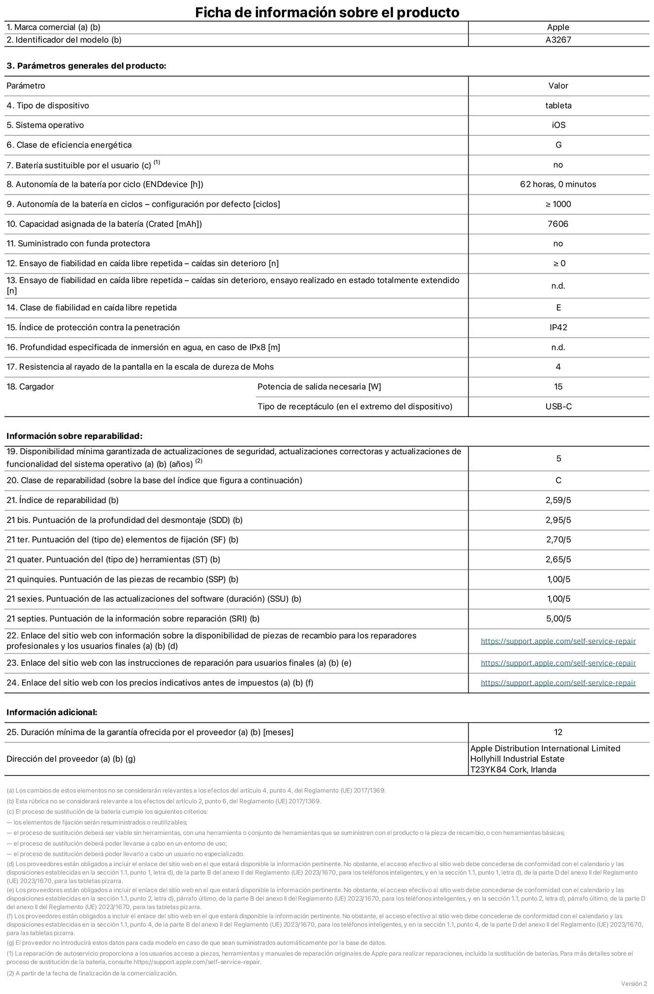 del iPad Air Wi‑Fi + Cellular de 11 pulgadas. Modelo A3267. Suministrado por Apple UK Ltd, New Bridge Street, 100, EC4V 6JA Londres. Tipo de dispositivo: Tablet. Sistema operativo: iOS. Clase de eficiencia energética para el rango dinámico estándar: G. Autonomía de la batería: 62 horas. Autonomía de la batería en ciclos: ≥ 1.000. Capacidad asignada de la batería: 7.606 mAh. Caídas sin deterioro en ensayo de fiabilidad en caída libre repetida: ≥ 0. Clase de fiabilidad en caída libre repetida: E. Índice de protección contra la penetración: IP42 Resistencia al rayado de la pantalla en la escala de dureza de Mohs: 4. Potencia de salida necesaria del cargador: 15 W. Tipo de receptáculo del cargador: USB‑C. Disponibilidad mínima garantizada de actualizaciones de seguridad, correctoras y de funcionalidad del sistema operativo: 5 años. Clase de reparabilidad: C. Índice de reparabilidad: 2,59/5. Puntuación de la profundidad del desmontaje: 2,95/5. Puntuación de los elementos de fijación: 2,70/5. Puntuación de las herramientas: 2,65/5. Puntuación de las piezas de recambio: 1/5. Puntuación de las actualizaciones de software: 1/5. Puntuación de la información sobre reparación: 5/5. Enlace del sitio web con información sobre la disponibilidad de piezas de recambio para reparadores profesionales y usuarios finales: https://support.traceguard.digital/self-service-repair. Enlace del sitio web con los precios indicativos antes de impuestos: https://support.traceguard.digital/self-service-repair. Enlace del sitio web con los precios indicativos antes de impuestos: https://support.traceguard.digital/self-service-repair. Se ofrece una garantía general de 12 meses.