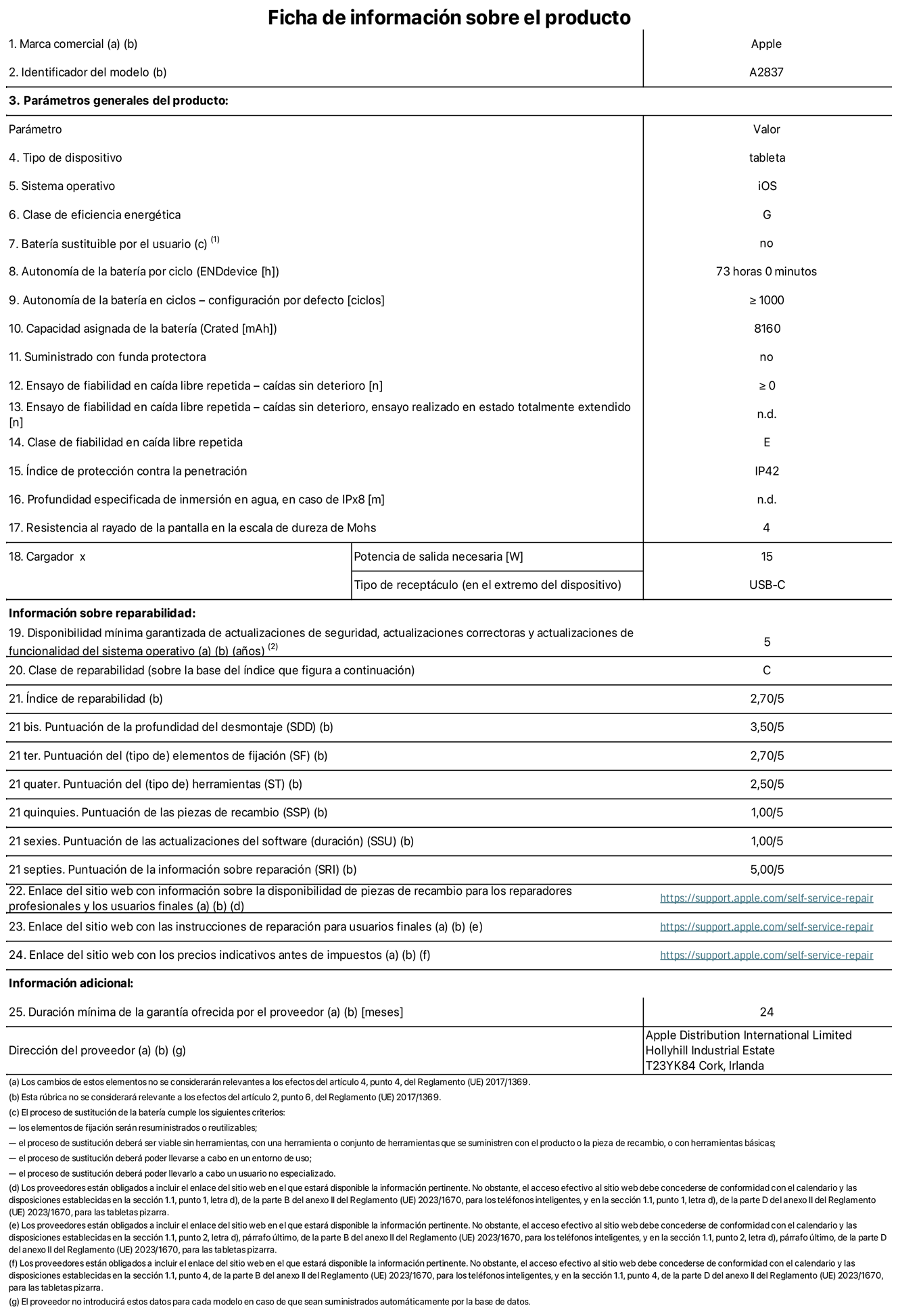 Ficha de información sobre el producto del iPad Pro Wi‑Fi + Cellular de 11 pulgadas. Modelo A2837. Suministrado por Apple Distribution International Limited con sede en Hollyhill Industrial Estate, T23 YK84 Cork (Irlanda). Tipo de dispositivo: Tablet. Sistema operativo: iOS. Clase de eficiencia energética: G. Batería sustituible por el usuario: No. Autonomía de la batería: 73 horas. Autonomía de la batería en ciclos: ≥ 1.000. Capacidad asignada de la batería: 8.160 mAh. Caídas sin deterioro en ensayo de fiabilidad en caída libre repetida: ≥ 0. Clase de fiabilidad en caída libre repetida: E. Índice de protección contra la penetración: IP42 Resistencia al rayado de la pantalla en la escala de dureza de Mohs: 4. Potencia de salida necesaria del cargador: 15 W. Tipo de receptáculo del cargador: USB-C. Disponibilidad mínima garantizada de actualizaciones de seguridad, correctoras y de funcionalidad del sistema operativo: 5 años. Clase de reparabilidad: C. Índice de reparabilidad: 2,70/5. Puntuación de la profundidad del desmontaje: 3,50/5. Puntuación de los elementos de fijación: 2,70/5. Puntuación de las herramientas: 2,50/5. Puntuación de las piezas de recambio: 1/5. Puntuación de las actualizaciones de software: 1/5. Puntuación de la información sobre reparación: 5/5. Enlace del sitio web con información sobre la disponibilidad de piezas de recambio para reparadores profesionales y usuarios finales: https://support.traceguard.digital/self-service-repair. Enlace del sitio web con las instrucciones de reparación para usuarios finales: https://support.traceguard.digital/self-service-repair. Enlace del sitio web con los precios indicativos antes de impuestos: https://support.traceguard.digital/self-service-repair. Se ofrece una garantía general de 24 meses.