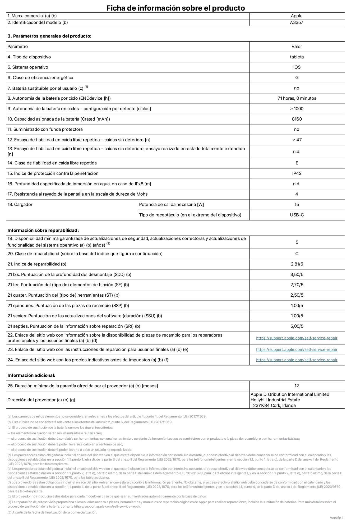 Ficha de información de producto del iPad Pro (M5, Wi‑Fi) de 11 pulgadas, modelo A3357. Suministrado por Apple Distribution International Limited con sede en Hollyhill Industrial Estate, T23 YK84 Cork (Irlanda). Tipo de dispositivo: Tablet. Sistema operativo: iOS. Clase de eficiencia energética: G. Batería sustituible por el usuario: No. Autonomía de la batería por ciclo: 71 horas. Autonomía de la batería en ciclos (configuración por defecto): ≥ 1.000. Capacidad asignada de la batería: 8.160 mAh. Suministrado con funda protectora: No. Caídas sin deterioro en ensayo de fiabilidad en caída libre repetida: ≥ 47. Caídas sin deterioro en ensayo de fiabilidad en caída libre repetida realizado en estado totalmente extendido: No aplicable. Clase de fiabilidad en caída libre repetida: E. Índice de protección contra la penetración: IP42. Profundidad especificada de inmersión en agua, en caso de iPx8: No aplicable. Resistencia al rayado de la pantalla en la escala de dureza de Mohs: 4. Potencia de salida necesaria del cargador: 15 W. Tipo de receptáculo del cargador (en el extremo del dispositivo): USB‑C. Disponibilidad mínima garantizada de actualizaciones de seguridad, correctoras y de funcionalidad del sistema operativo: 5 años. Clase de reparabilidad: C. Índice de reparabilidad: 2,81/5. Puntuación de la profundidad del desmontaje (SDD): 3,50/5. Puntuación de los elementos de fijación: 2,70/5. Puntuación de las herramientas: 2,50/5. Puntuación de las piezas de recambio: 1,00/5. Puntuación de las actualizaciones de software: 1/5. Puntuación de la información sobre reparación: 5/5. Enlace del sitio web con información sobre la disponibilidad de piezas de recambio para reparadores profesionales y usuarios finales: https://support.traceguard.digital/self-service-repair. Enlace del sitio web con las instrucciones de reparación para usuarios finales: https://support.traceguard.digital/self-service-repair. Enlace del sitio web con los precios indicativos antes de impuestos: https://support.traceguard.digital/self-service-repair. Se ofrece una garantía general de 12 meses.