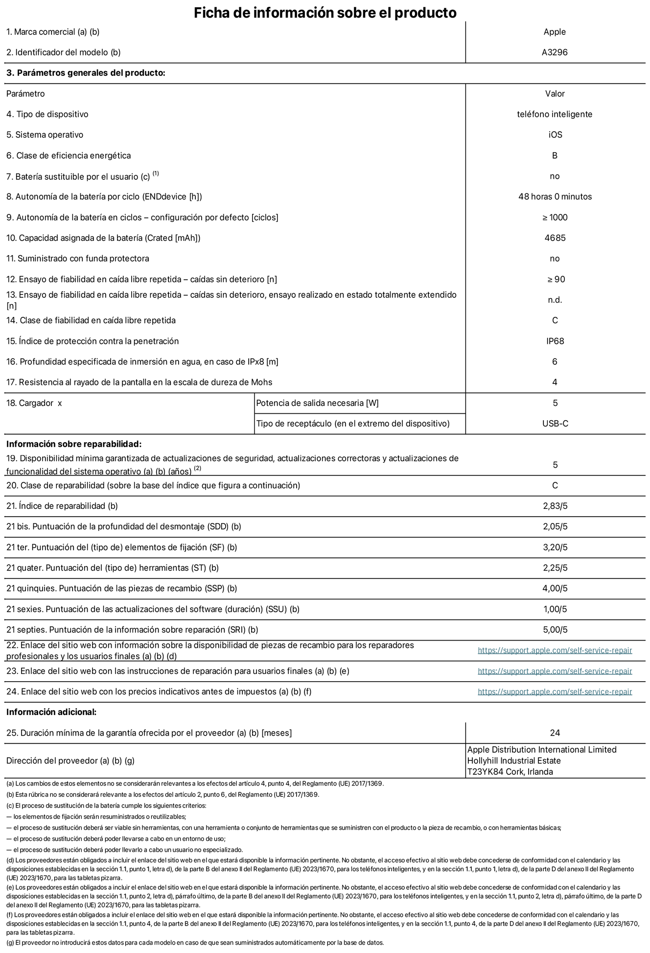 Ficha de información sobre el producto del iPhone 16 Pro Max. Modelo A3296. Suministrado por Apple Distribution International Limited con sede en Hollyhill Industrial Estate, T23 YK84 Cork (Irlanda). Tipo de dispositivo: Teléfono inteligente. Sistema operativo: iOS. Clase de eficiencia energética: B. Batería sustituible por el usuario: No. Autonomía de la batería por ciclo: 48 horas. Autonomía de la batería en ciclos (configuración por defecto): ≥ 1.000. Capacidad asignada de la batería: 4.685 mAh. Suministrado con funda protectora: No. Caídas sin deterioro en ensayo de fiabilidad en caída libre repetida: ≥ 90. Caídas sin deterioro en ensayo de fiabilidad en caída libre repetida realizado en estado totalmente extendido: N. A. Clase de fiabilidad en caída libre repetida: C. Índice de protección contra la penetración: IP68. Profundidad especificada de inmersión en agua, en caso de iPx8 (m): 6. Resistencia al rayado de la pantalla en la escala de dureza de Mohs: 4. Potencia de salida necesaria del cargador: 5 W. Tipo de receptáculo del cargador (en el extremo del dispositivo): USB‑C. Disponibilidad mínima garantizada de actualizaciones de seguridad, correctoras y de funcionalidad del sistema operativo: 5 años. Clase de reparabilidad: C. Índice de reparabilidad: 2,83/5. Puntuación de la profundidad del desmontaje (SDD): 2,05/5. Puntuación de los elementos de fijación: 3,20/5. Puntuación de las herramientas: 1/5. Puntuación de las piezas de recambio: 4/5. Puntuación de las actualizaciones de software: 1/5. Puntuación de la información sobre reparación: 5/5. Enlace del sitio web con información sobre la disponibilidad de piezas de recambio para reparadores profesionales y usuarios finales: https://support.traceguard.digital/self-service-repair. Enlace del sitio web con las instrucciones de reparación para usuarios finales: https://support.traceguard.digital/self-service-repair. Enlace del sitio web con los precios indicativos antes de impuestos: https://support.traceguard.digital/self-service-repair. Se ofrece una garantía general de 12 meses.