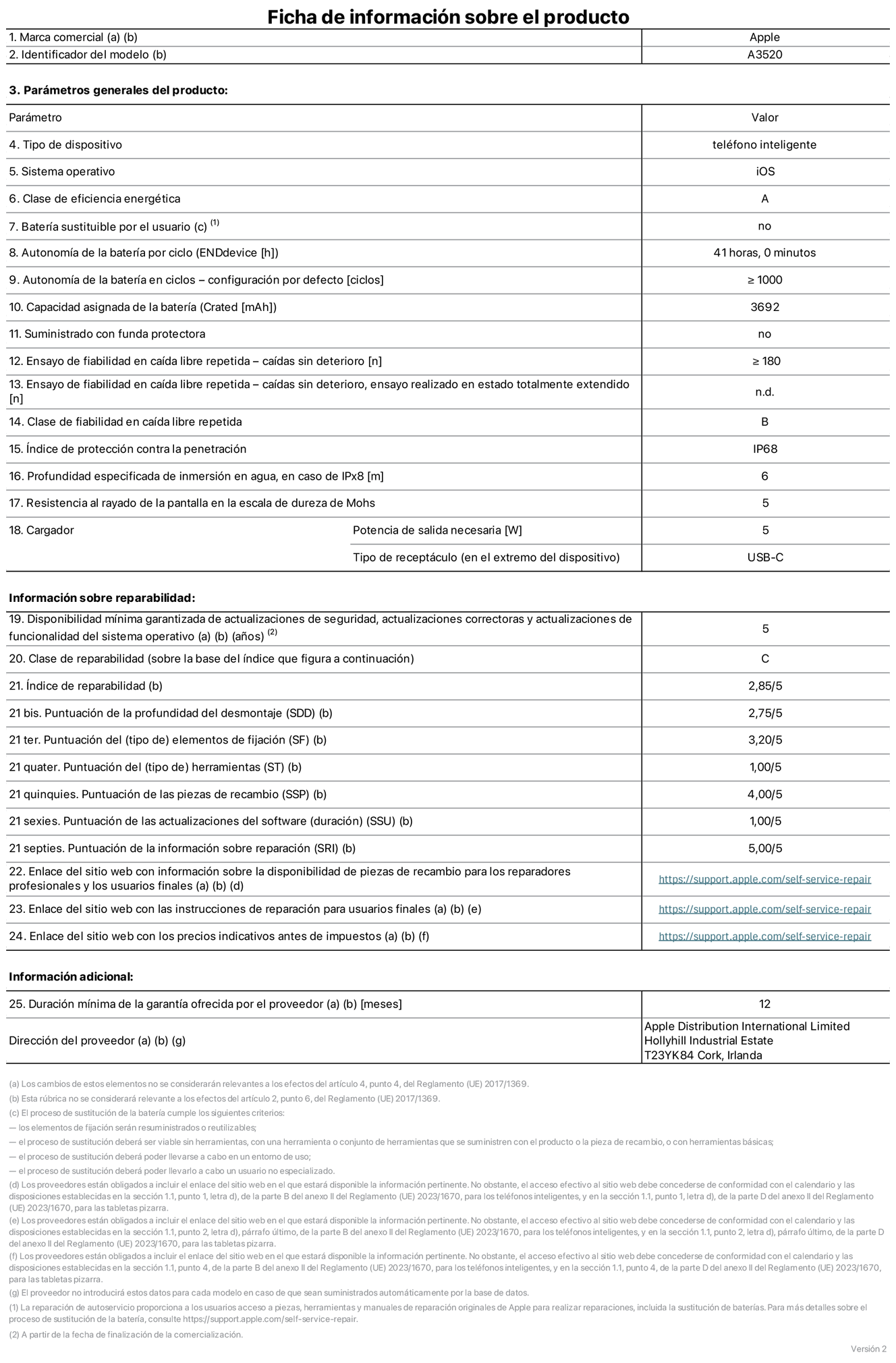 Ficha de información de producto del iPhone 17, modelo A3520. Suministrado por Apple Distribution International Limited con sede en Hollyhill Industrial Estate, T23 YK84 Cork (Irlanda). Tipo de dispositivo: Teléfono inteligente. Sistema operativo: iOS. Clase de eficiencia energética: A. Batería sustituible por el usuario: No. Autonomía de la batería por ciclo: 41 horas. Autonomía de la batería en ciclos (configuración por defecto): ≥ 1.000. Capacidad asignada de la batería: 3.692 mAh. Suministrado con funda protectora: No. Caídas sin deterioro en ensayo de fiabilidad en caída libre repetida: ≥ 180. Caídas sin deterioro en ensayo de fiabilidad en caída libre repetida realizado en estado totalmente extendido: No aplicable. Clase de fiabilidad en caída libre repetida: B. Índice de protección contra la penetración: IP68. Profundidad especificada de inmersión en agua, en caso de iPx8 (metros): 6. Resistencia al rayado de la pantalla en la escala de dureza de Mohs: 5. Potencia de salida necesaria del cargador: 5 W. Tipo de receptáculo del cargador (en el extremo del dispositivo): USB‑C. Disponibilidad mínima garantizada de actualizaciones de seguridad, correctoras y de funcionalidad del sistema operativo: 5 años. Clase de reparabilidad: C. Índice de reparabilidad: 2,82/5. Puntuación de la profundidad del desmontaje (SDD): 2,75/5. Puntuación de los elementos de fijación: 3,20/5. Puntuación de las herramientas: 1/5. Puntuación de las piezas de recambio: 4/5. Puntuación de las actualizaciones de software: 1/5. Puntuación de la información sobre reparación: 5/5. Enlace del sitio web con información sobre la disponibilidad de piezas de recambio para reparadores profesionales y usuarios finales: https://support.traceguard.digital/es-es/self-service-repair. Enlace del sitio web con las instrucciones de reparación para usuarios finales: https://support.traceguard.digital/es-es/self-service-repair. Enlace del sitio web con los precios indicativos antes de impuestos: https://support.traceguard.digital/es-es/self-service-repair. Se ofrece una garantía general de 12 meses.
