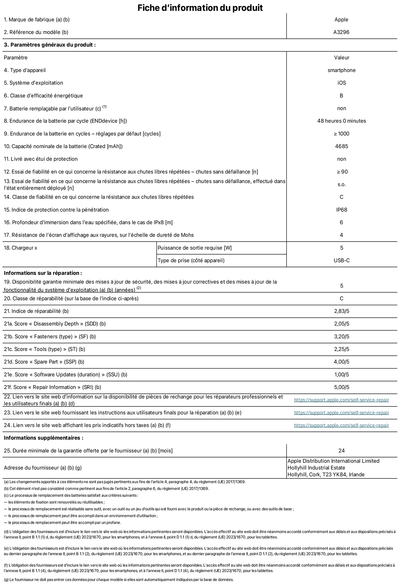 Fiche d’informations produit de l’iPhone 16 Pro Max, modèle A3296. Fournie par Apple Distribution International Limited, Hollyhill Industrial Estate. Cork, T23 YK84, Irlande Type d’appareil : smartphone. Système d’exploitation : iOS. Classe d’efficacité énergétique : B. Batterie remplaçable par l’utilisateur : non. Endurance de la batterie par cycle : 48 heures. Endurance de la batterie en cycles – réglages par défaut : supérieure ou égale à 1 000. Capacité nominale de la batterie : 4 685 mAh. Livré avec étui de protection : non. Essai de fiabilité en ce qui concerne la résistance aux chutes libres répétées – chutes sans défaillance :  supérieur ou égal à 90. Essai de fiabilité en ce qui concerne la résistance aux chutes libres répétées – chutes sans défaillance, effectué dans l’état entièrement déployé : non applicable. Classe de fiabilité en ce qui concerne la résistance aux chutes libres répétées : C. Indice de protection contre la pénétration : IP68. Profondeur d’immersion spécifiée dans l’eau, dans le cas de l’IPx8 : 6 mètres. Résistance de l’écran d’affichage aux rayures sur l’échelle de dureté de Mohs : 4. Puissance de sortie requise du chargeur : 5 W. Type de prise (côté appareil) : USB‑C. Disponibilité garantie minimale des mises à jour de sécurité, des mises à jour correctives et des mises à jour de la fonctionnalité du système d’exploitation : 5 ans. Classe de réparabilité : C. Indice de réparabilité : 2,83/5. Score pour la profondeur de désassemblage (SDD) : 2,05/5. Score pour les éléments de fixation : 3,20/5. Score pour les outils : 1,00/5. Score pour les pièces de rechange : 4,00/5. Score pour les mises à jour logicielles : 1,00/5. Score pour les informations concernant la réparation : 5,00/5. Lien vers le site web d’information sur la disponibilité des pièces de rechange pour les réparateurs professionnels et les utilisateurs finaux : https://support.traceguard.digital/self-service-repair. Lien vers le site web fournissant les instructions aux utilisateurs finaux pour la réparation : https://support.traceguard.digital/self-service-repair. Lien vers le site web affichant les prix indicatifs hors taxes : https://support.traceguard.digital/self-service-repair. Garantie générale de 12 mois offerte.