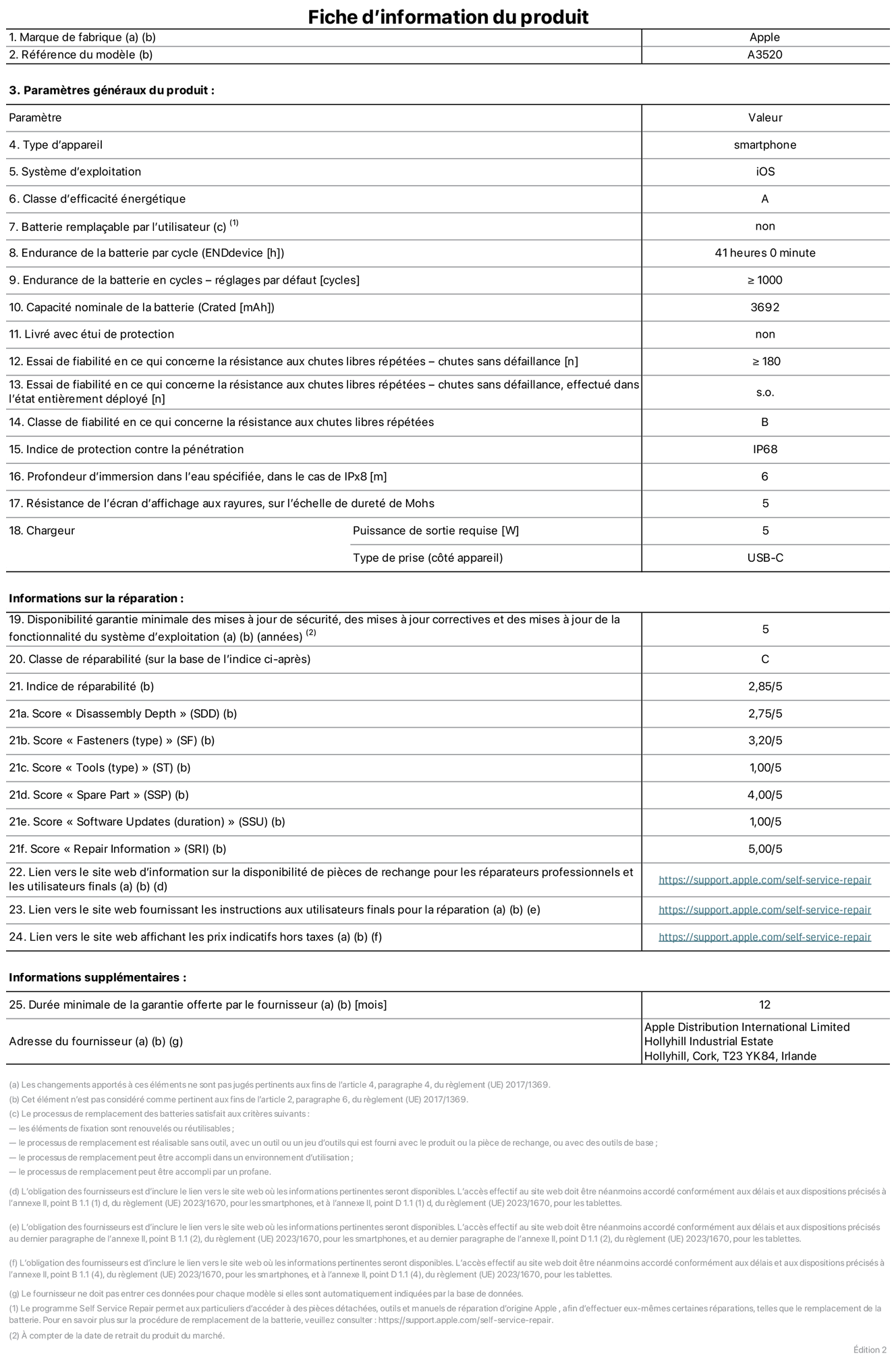 Fiche d’informations produit de l’iPhone 17, modèle A3520. Fournie par Apple Distribution International Limited, Hollyhill Industrial Estate. Cork, T23 YK84, Irlande. Type d’appareil : smartphone. Système d’exploitation : iOS. Classe d’efficacité énergétique : A. Batterie remplaçable par l’utilisateur : non. Endurance de la batterie par cycle : 41 heures. Endurance de la batterie en cycles – réglages par défaut : supérieure ou égale à 1 000. Capacité nominale de la batterie : 3 692 mAh. Livré avec étui de protection : non. Essai de fiabilité en ce qui concerne la résistance aux chutes libres répétées – chutes sans défaillance : supérieur ou égal à 180. Essai de fiabilité en ce qui concerne la résistance aux chutes libres répétées – chutes sans défaillance, effectué dans l’état entièrement déployé : non applicable. Classe de fiabilité en ce qui concerne la résistance aux chutes libres répétées : B. Indice de protection contre la pénétration : IP68. Profondeur d’immersion dans l’eau spécifiée, dans le cas de l’IPx8 : 6 mètres. Résistance de l’écran d’affichage aux rayures, sur l’échelle de dureté de Mohs : 5. Puissance de sortie requise du chargeur : 5 W. Type de prise (côté appareil) : USB‑C. Disponibilité garantie minimale des mises à jour de sécurité, des mises à jour correctives et des mises à jour de la fonctionnalité du système d’exploitation : 5 ans. Classe de réparabilité : C. Indice de réparabilité : 2,82/5. Score pour la profondeur de désassemblage (SDD) : 2,75/5. Score pour les éléments de fixation : 3,20/5. Score pour les outils : 1,00/5. Score pour les pièces de rechange : 4,00/5. Score pour la mise à jour des logiciels : 1,00/5. Score pour les informations concernant la réparation : 5,00/5. Lien vers le site web d’information sur la disponibilité des pièces de rechange pour les réparateurs professionnels et les utilisateurs finals : https://support.traceguard.digital/fr-fr/self-service-repair. Lien vers le site web fournissant les instructions aux utilisateurs finals pour la réparation : https://support.traceguard.digital/fr-fr/self-service-repair. Lien vers le site web affichant les prix indicatifs hors taxes : https://support.traceguard.digital/fr-fr/self-service-repair. Garantie générale de 12 mois offerte.