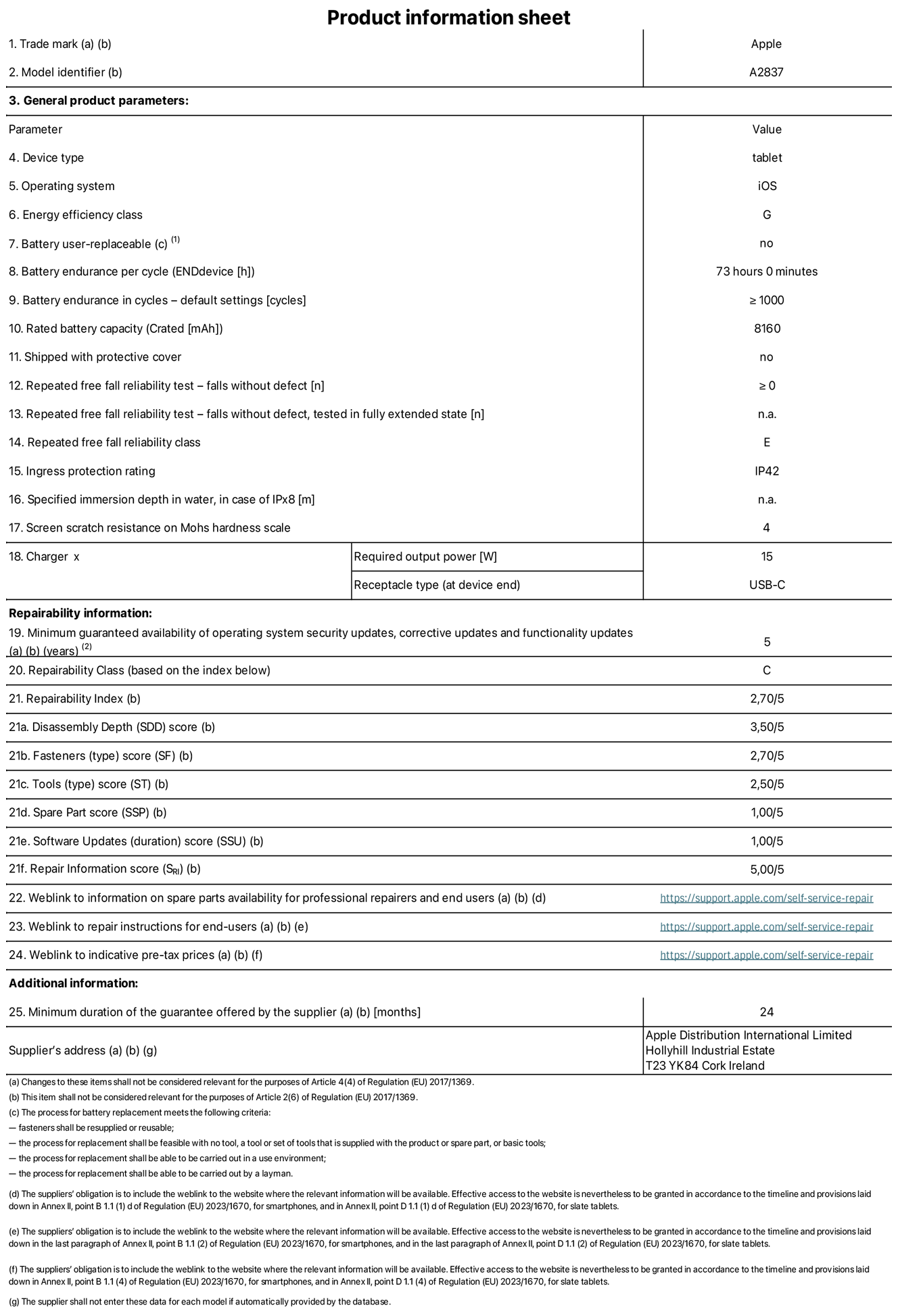 Product information sheet for 11-inch iPad Pro Wi-Fi + Cellular. model A2837. Supplied by Apple Distribution International Ltd, Hollyhill Industrial Estate. Cork, Ireland, T23 YK84. Device type: tablet. Operating system: iOS. Energy efficiency class: G. Battery user-replaceable: no. Battery endurance: 73 hours. Battery endurance in cycles: greater than or equal to 1,000. Rated battery capacity: 8,160 milliampere-hours. Repeated free fall reliability test - falls without defect: greater than or equal to 0. Repeated free fall reliability class: E. Ingress protection rating: IP42. Screen scratch resistance on Mohs hardness scale: 4. Charger required output power: 15 watts. Charger receptacle type: USB-C. Minimum guaranteed availability of operating system security updates, corrective updates and functionality updates: 5 years. Repairability Class: C. Repairability Index: 2.70/5. Disassembly Depth score: 3.50/5. Fasteners score: 2.70/5. Tools score: 2.50/5. Spare Part score: 1.00/5. Software Updates score: 1.00/5. Repair Information score: 5.00/5. Weblink to information on spare parts availability for professional repairers and end-users: https://support.traceguard.digital/self-service-repair. Weblink to repair instructions for end-users: https://support.traceguard.digital/self-service-repair. Weblink to indicative pre-tax prices: https://support.traceguard.digital/self-service-repair. 24-month general guarantee offered.
