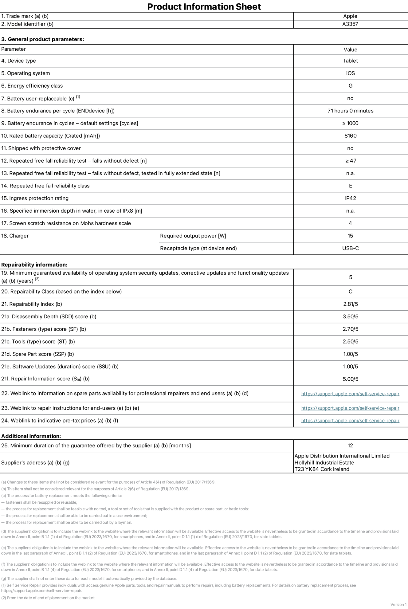 Product information sheet for 11-inch iPad Pro M5 Wi-Fi, model A3357. Supplied by Apple Distribution International Limited, Hollyhill Industrial Estate. Cork, Ireland, T23 YK84. Device type: tablet. Operating system: iOS. Energy efficiency class: G. Battery user-replaceable: no. Battery endurance per cycle: 71 hours. Battery endurance in cycles — default settings: greater than or equal to 1,000. Rated battery capacity: 8,160 milliampere-hours. Shipped with protective cover: no. Repeated free fall reliability test — falls without defect: greater than or equal to 47. Repeated free fall reliability test — falls without defect tested in fully extended state: not applicable. Repeated free fall in reliability class: E. Ingress protection rating: IP42. Specified immersion depth in water, in case of iPx8: not applicable. Screen scratch resistance on Mohs hardness scale: 4. Charger required output power: 15 watts. Charger receptacle type (at device end): USB-C. Minimum guaranteed availability of operating system security updates, corrective updates and functionality updates: 5 years. Repairability class: C. Repairability index: 2.81/5. Disassembly Depth (SDD) score: 3.50/5. Fasteners score: 2.70/5. Tools score: 2.50/5. Spare part score: 1.00/5. Software updates score: 1.00/5. Repair information score: 5.00/5. Weblink to information on spare parts availability for professional repairers and end-users: https://support.traceguard.digital/self-service-repair. Weblink to repair instructions for end-users: https://support.traceguard.digital/self-service-repair. Weblink to indicative pre-tax prices: https://support.traceguard.digital/self-service-repair. 12 month general guarantee offered.