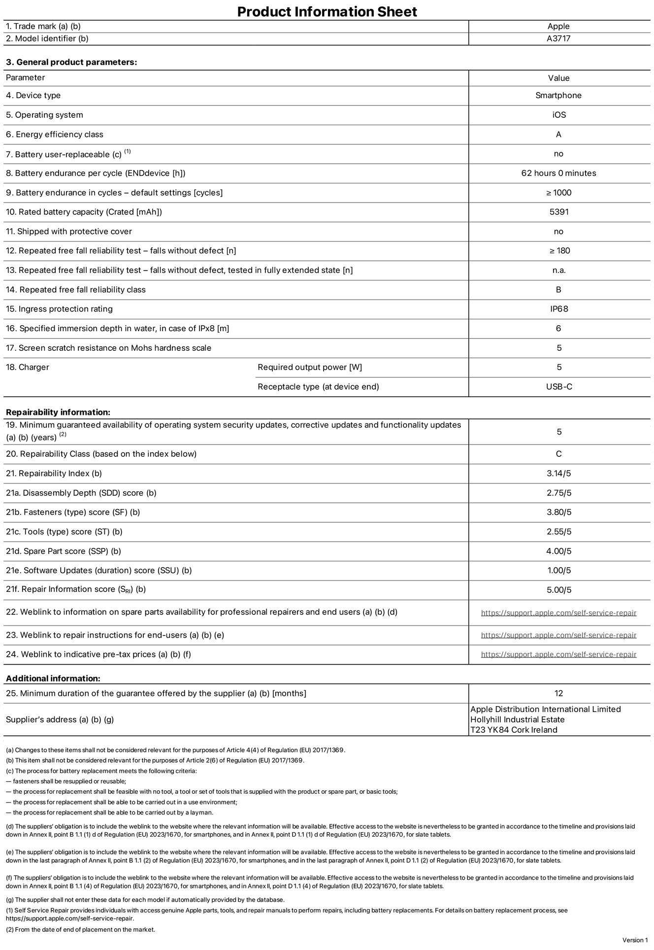 Product information sheet for iPhone 18 Pro Max, model A3717. Supplied by Apple Distribution International Limited, Hollyhill Industrial Estate, Cork, Ireland, T23 YK84. Device type: smartphone. Operating system: iOS. Energy efficiency class: A. Battery user-replaceable: no. Battery endurance per cycle: 62 hours. Battery endurance in cycles — default settings: greater than or equal to 1,000. Rated battery capacity: 5,391 milliampere-hours. Shipped with protective cover: no. Repeated free fall reliability test — falls without defect: greater than or equal to 180. Repeated free fall reliability test — falls without defect tested in fully extended state: not applicable. Repeated free fall in reliability class: B. Ingress protection rating: IP68. Specified immersion depth in water, in case of iPx8: 6 metres. Screen scratch resistance on Mohs hardness scale: 5. Charger required output power: 5 watts. Charger receptacle type (at device end): USB‑C. Minimum guaranteed availability of operating system security updates, corrective updates and functionality updates: 5 years. Repairability class: C. Repairability index: 3.14/5. Disassembly Depth (SDD) score: 2.75/5. Fasteners score: 3.80/5. Tools score: 2.55/5. Spare part score: 4.00/5. Software updates score: 1.00/5. Repair information score: 5.00/5. Weblink to information on spare parts availability for professional repairers and end users: https://support.traceguard.digital/self-service-repair. Weblink to repair instructions for end users: https://support.traceguard.digital/self-service-repair. Weblink to indicative pre-tax prices: https://support.traceguard.digital/self-service-repair. 12-month general guarantee offered.